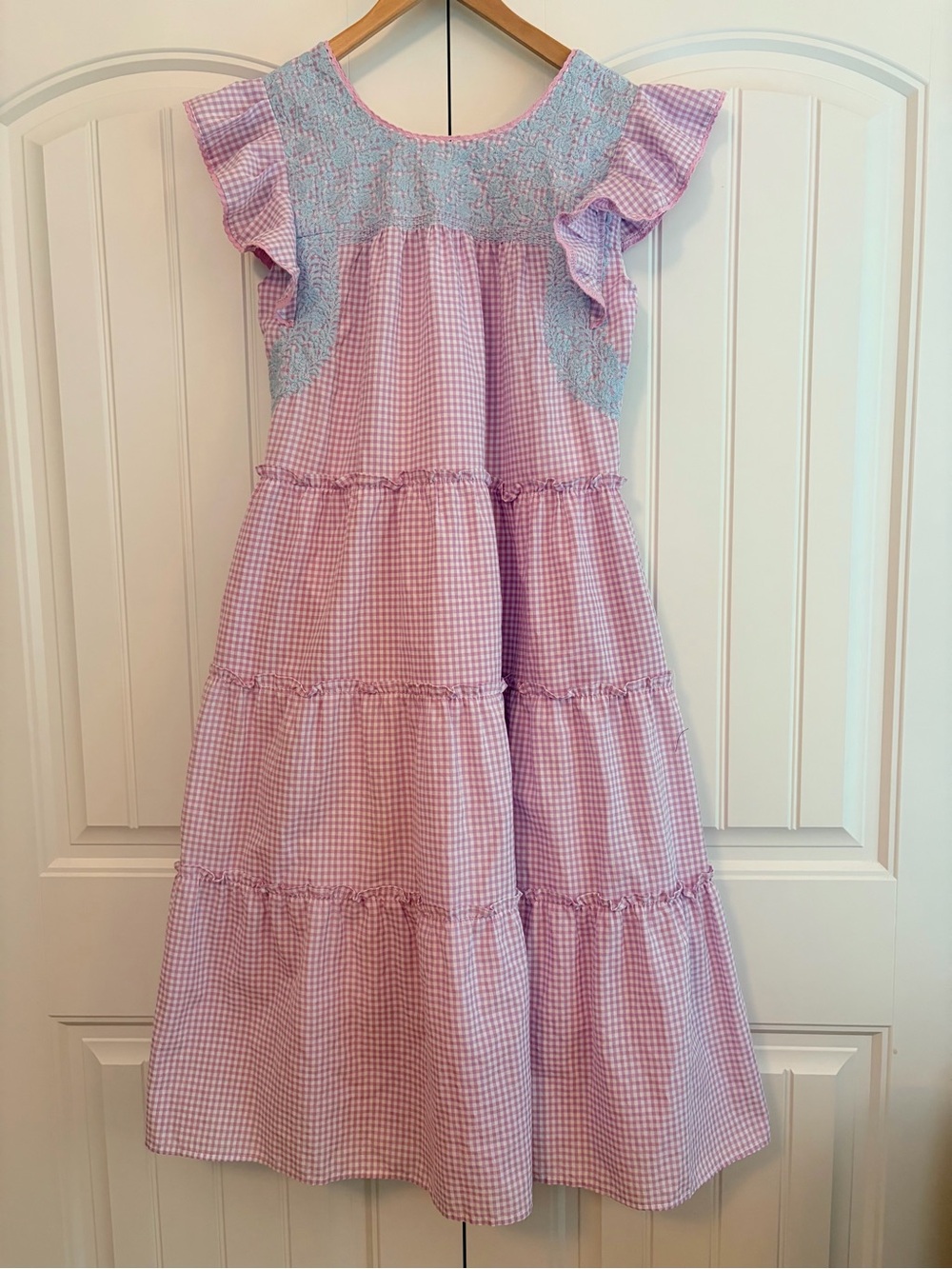 J. Marie Kayla Midi Dress Women's Sz M Blue Purple Gingham 100% Cotton Ruffle